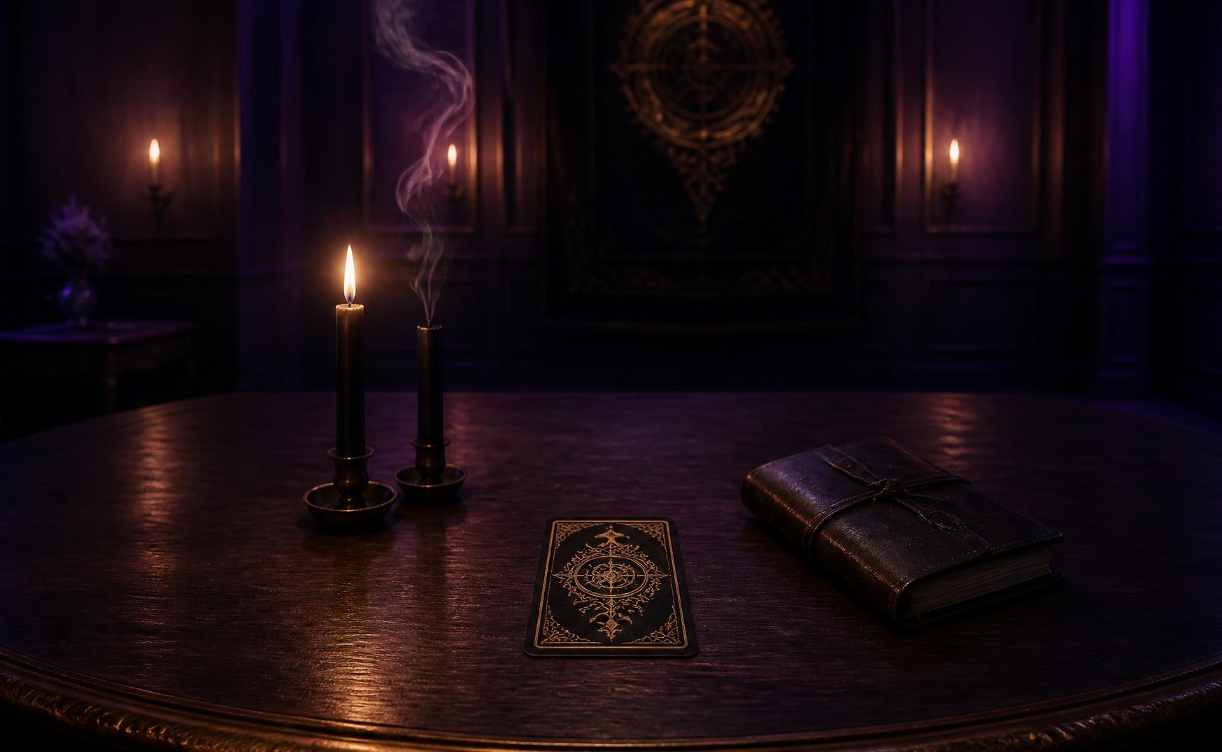 A timeless ritual chamber with an ancient oak table, a face-down Oracle card, a leather journal, and two black candles