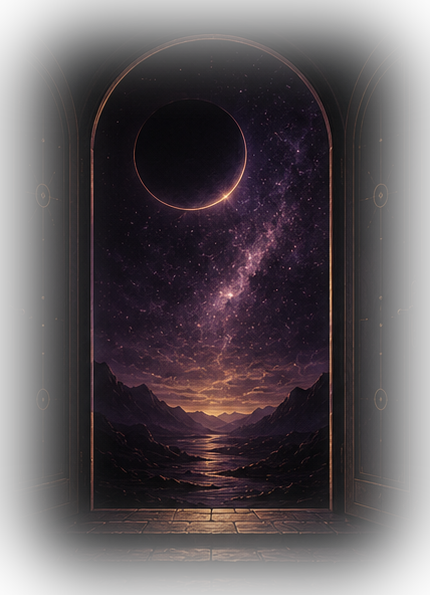 An open dark doorway revealing a distant landscape beneath a cosmic sky